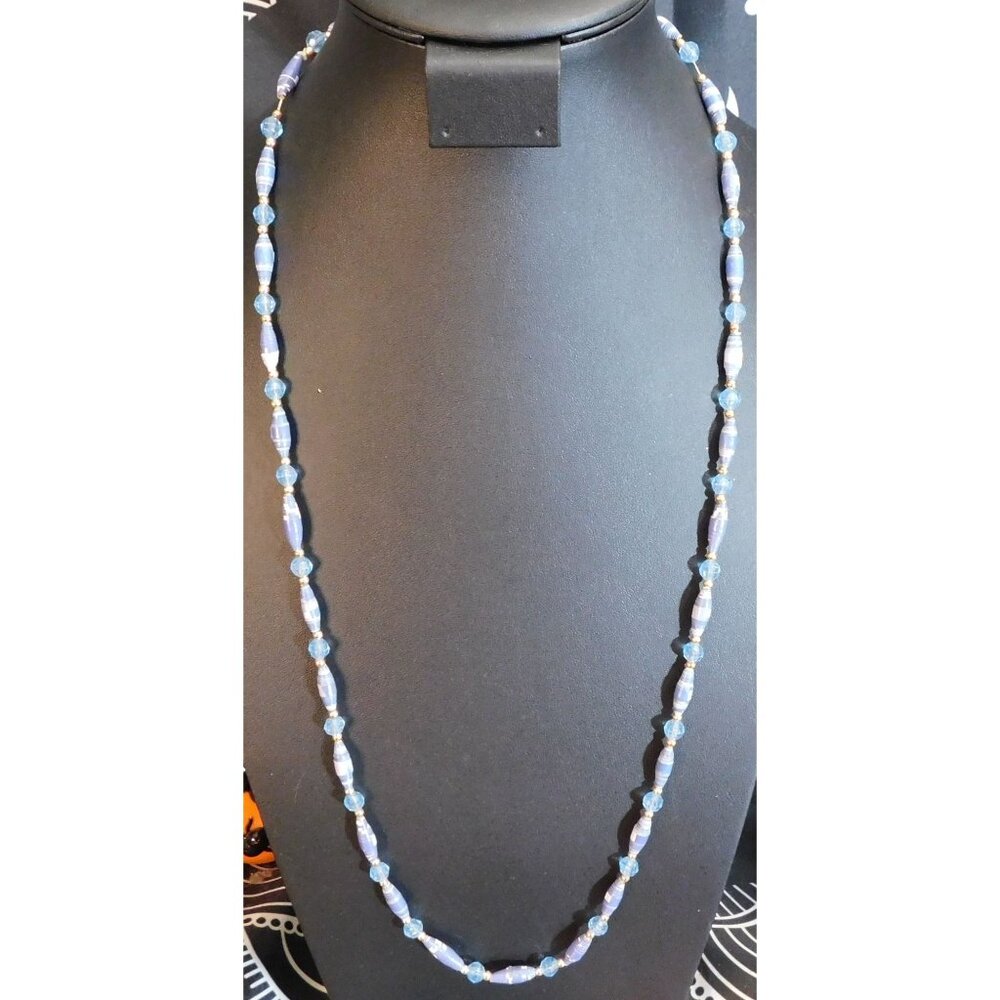 Handmade Blue Paper Wrap Bead Necklace With Gold Tone Accents